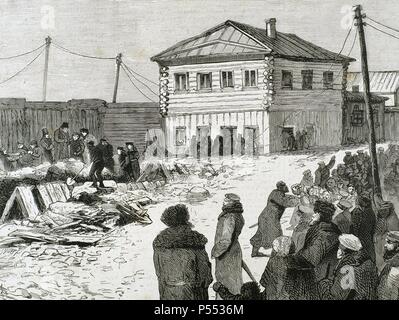 Gravure del año 1879 que refleja el escenario del QUINTO V12 CONTRA LA VIDA DEL ZAR ALEJANDRO II (1818-1881). En la imagen, casa de la que partía la mina destinada a consumar el asesinato. Rusia. Banque D'Images