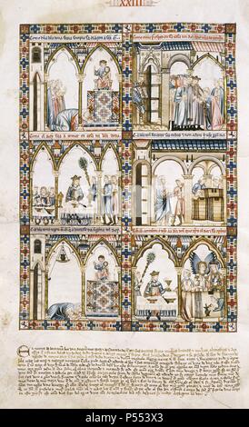 LITERATURA CASTELLANA. S. XIII. CANTIGAS DE SANTA MARIA, obra personal de Alfonso X el Sabio' (Tolède,1221-Sevilla,1284). Colección de 430 poemas difundida en códices ilustrados con miniaturas y donde se consigna la melodía de chaque composition. Bibliothèque de l'Escurial. Madrid. España. PATRIMONIO NACIONAL. Cantiga 23. F25C. Banque D'Images