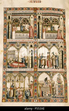 LITERATURA CASTELLANA. S. XIII. CANTIGAS DE SANTA MARIA, obra personal de Alfonso X el Sabio' (Tolède,1221-Sevilla,1284). Colección de 430 poemas difundida en códices ilustrados con miniaturas y donde se consigna la melodía de chaque composition. Páginas miniadas. Bibliothèque de l'Escurial. Madrid. España. PATRIMONIO NACIONAL. Cantiga 108. F155c. Merlin pide que El Hijo del judio nazca con rostro hacia atrás. Banque D'Images