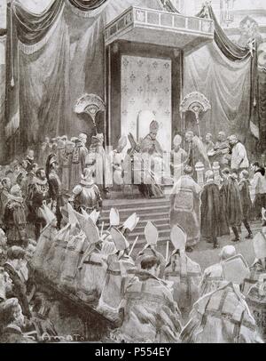 JUANA DE ARCO, Santa (Domrémy,1412,1431) de Ruán, llamada la Doncella de Orleans. Según sus propias déclarations, se sintió llamada por Dios para luchar contra los ingleses y al entronizar delfin, Carlos VII. Canonización de Juana de Arco en Roma (1920). La gravure. Banque D'Images