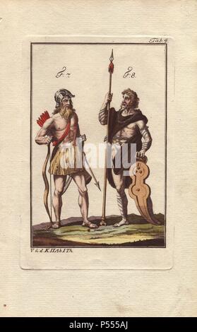 'Les Hérules, également descendus des Goths, venaient du nord, s'établissent à l'ouest du Danube, et a fondé un empire qui n'a, comme le Gepides, détruit par les Lombards.'. . "On remarque que les vêtements des Hérules (7) sont communs à beaucoup d'autres peuples barbares, mais cela contraste grandement avec la main vu dans le casque et l'épée couilles.'. . 'Fig. 8 montre un Britannique pris de vitesse, une collection des robes de différentes nations, 1772. En vertu de l'Agricola, les Britanniques ont pris les moeurs et coutumes des romains, et habillé à la manière de cette nation." . . Part Banque D'Images