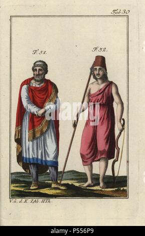 Roi assyrien en battledress et un homme de l'Arménie avec la lance et l'arc. Coloriée à la gravure sur cuivre de Robert von Spalart's 'tableau Historique des costumes des principaux peuples de l'Antiquité et du Moyen Age" (1797). Banque D'Images