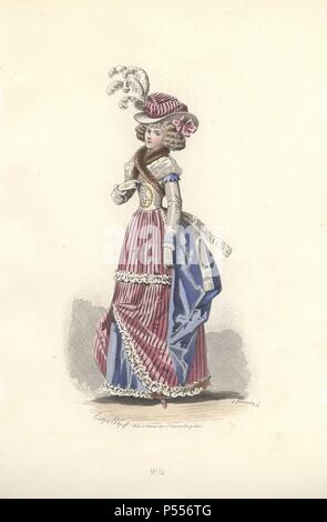 Femme en habit tricolore révolutionnaire : rouge et blanc à rayures bonnet et écharpe bleu, robe et jupe bleu.. . Francois-Claudius Compte-Calix (1813-1880) est un peintre et illustrateur. Un exposant régulièrement aux salons, il a illustré de nombreux ouvrages et de plusieurs livres de poésie romantique, et contribue depuis des années à la mode magazine 'Modes parisiennes'.. . Lithographie coloriée d'une illustration par Francois-Claudius Compte-Calix de 'Les Modes Parisiennes sous le Directoire" (Paris Fashions sous le répertoire 1795-1799) 1865. Banque D'Images