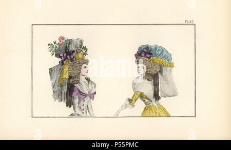 Femme en demi-redingote avec col et boutons de différentes couleurs, et le capot inspiré par Calpigi (de Salieri's 'Tarare'). Femme dans un bâtiment de style anglais jaune robe de taffetas de soie bleue et un chapeau avec crêpe jaune garland et blanc queue de gaze, ses cheveux bouclés fixés avec un Cagliostro l'axe. Lithographie en couleur à la main à partir de 'modes et coutumes de Marie Antoinette et son temps", par le Comte de Reiset, Paris, 1885. Le journal de Madame Eloffe, couturière et de lin-marchand à la Reine et des dames de la cour. Banque D'Images