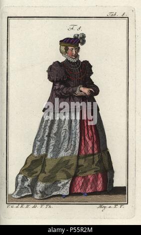 Fille de Souabe, Allemagne, 1577. Coloriée à la gravure sur cuivre de Robert von Spalart's 'tableau Historique des costumes des principaux peuples de l'Antiquité et du Moyen Âge, Vienne, 1811'. Illustration d'après Thomas Jefferys Collection de robes de différentes nations, Antient et moderne. Après les dessins de Holbein, Van Dyke, Hollar, et d'autres, Londres, 1757. Banque D'Images