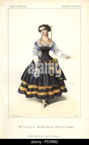 Mlle. Marie Cico comme Simonne dans 'Les contes de Boccace' au théâtre du Vaudeville. Mlle. Cico (1843-1875) était une actrice et chanteuse célèbre pour ses rôles dans "Orphée aux Enfers,' et 'Daphnis et Chloé' et que la maîtresse de son mentor Jacques Offenbach. . Lithographie coloriée par Alexandre Lacauchie de 'Galerie dramatique : les costumes des théâtres de Paris 1853. Banque D'Images