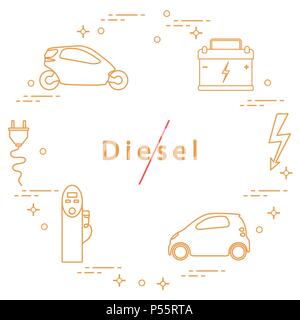 Interdiction des moteurs diesel. Le transport est respectueux de l'environnement. Voitures électriques, batterie, station de recharge, signe de sécurité électrique, câble, connecteur électrique Illustration de Vecteur