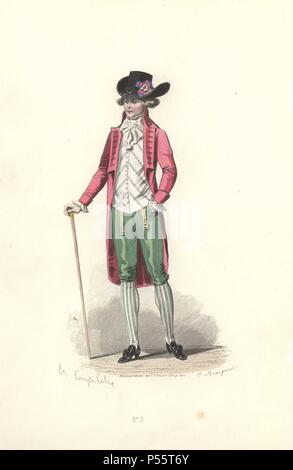 Post-révolutionnaire à la mode homme en couche culotte rose, vert, bonnet avec rosette, bas rayés et canne.. . Francois-Claudius Compte-Calix (1813-1880) est un peintre et illustrateur. Un exposant régulièrement aux salons, il a illustré de nombreux ouvrages et de plusieurs livres de poésie romantique, et contribue depuis des années à la mode magazine 'Modes parisiennes'.. . Lithographie coloriée d'une illustration par Francois-Claudius Compte-Calix de 'Les Modes Parisiennes sous le Directoire" (Paris Fashions sous le répertoire 1795-1799) 1865. Banque D'Images