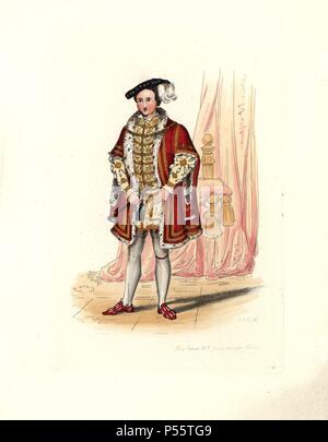 Le roi Édouard VI (1537-1553), de Hans Holbein's photo au Christ's Hospital il porte une tunique brodée et sabré de façon extravagante et manteau sur bas blancs et en chute de chaussures. Gravure coloriée de 'costume civil d'Angleterre depuis la conquête de l'actuelle période' dessiné par Charles Martin et gravées par Léopold Martin, Londres, Henry Bohn, 1842. Les costumes ont été tirées d'effigies monumentales, tapisseries, enluminures et de portraits. Charles Leopold et Martin étaient les fils de l'artiste romantique et graveur gravure à John Martin (1789-1854). Banque D'Images