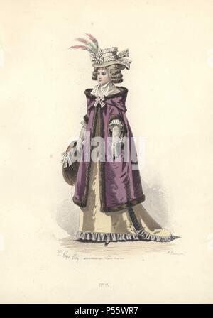 Femme en bonnet garni de plumes, d'or, longue robe de soie mauve garnis de fourrure manteau à capuchon de fourrure et silencieux.. . Francois-Claudius Compte-Calix (1813-1880) est un peintre et illustrateur. Un exposant régulièrement aux salons, il a illustré de nombreux ouvrages et de plusieurs livres de poésie romantique, et contribue depuis des années à la mode magazine 'Modes parisiennes'.. . Lithographie coloriée d'une illustration par Francois-Claudius Compte-Calix de 'Les Modes Parisiennes sous le Directoire" (Paris Fashions sous le répertoire 1795-1799) 1865. Banque D'Images