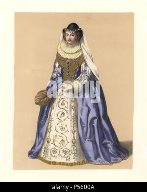 Robe du règne de Jacques I, 16011625. Elle porte une robe avec corsage ornée de dentelle double, Ruff, puff manches, jupon brodé, chapeau avec perles et voile, et le ventilateur. Basé sur Lady Lucy Percy's dress, portrait d'Anne, comtesse d'Argyle, jouer publié en 1607, "Lingua" Bulwer's pedigree de l'anglais Gallant, laiton de la famille, Argingly Colepepper, Sussex de l'Église. Lithographie coloriée de 'costumes de femmes britanniques de l'époque de Guillaume le premier à l'époque de la reine Victoria," London, Dickinson & Fils, 1840. 48 plaques de montage de la mode féminine de 1066 à 1840 fondé Banque D'Images