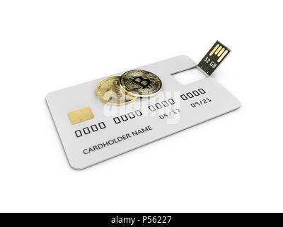 3d illustration de lecteur Flash. Carte de crédit avec de l'or des bitcoins Banque D'Images