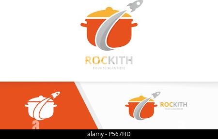 Logo vectoriel et pot rocket combinaison. Cuisine et symbole de l'avion ou de l'icône. Vol panoramique et unique modèle de conception de logo. Illustration de Vecteur