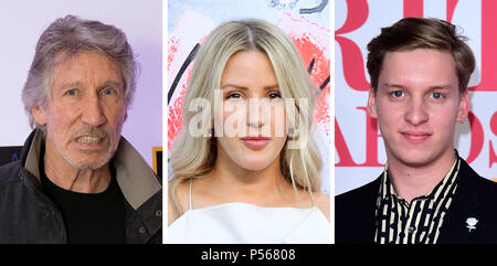 De 0001 sous embargo mardi 26 juin photo composite de fichier non datée (de gauche à droite) Roger Waters, Ellie Goulding et George Esdras, qui sont parmi les gagnants de l'O2 Silver Clef Awards. Banque D'Images