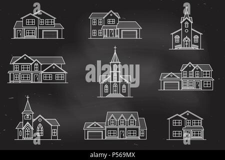 Ensemble de l'icône de la ligne mince suburban american maisons et églises au tableau. Pour la conception web et l'interface d'application, aussi utile pour l'infographie. Illustration de Vecteur