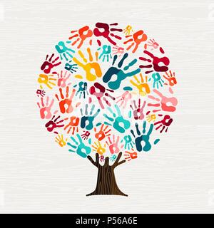 Arborescence constituée de mains humaines colorées dans les branches. Concept d'aide de la Communauté, la diversité de la culture groupe ou projet social. Vecteur EPS10. Illustration de Vecteur
