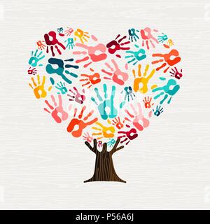 Arborescence constituée de mains humaines colorées en forme de coeur. Communauté aide concept ou projet social. Vecteur EPS10. Illustration de Vecteur