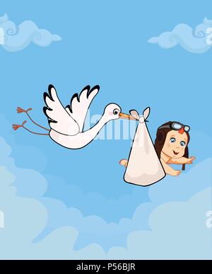 Cartoon vector illustration avec stork exerçant son mignon bébé garçon chapeau pilote sur fond de ciel bleu nuageux. Douche de bébé carte de vœux. L'arrivée de bébé nouveau-né Illustration de Vecteur