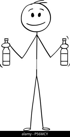 Caricature de l'Homme tenant deux bouteilles de bière Illustration de Vecteur