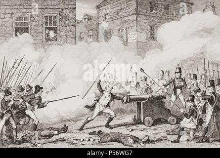 "Bataille de Ross. 'Venez sur les garçons sa bouche's stopt'." La bataille de New Ross, dans le comté de Wexford, a été menée entre l'Irlandais et les forces britanniques le 5 juin 1798. Un célèbre incident dans la bataille est représenté ici, un vieil homme bourré son chapeau et perruque dans la bouche d'un canon et a volé en quelques instants plus tard. Illustration par George Cruikshank. À partir de l'histoire de la rébellion irlandaise de 1798 ; avec des mémoires de l'Union européenne, et l'Insurrection, Emmett en 1803 par W.H. Maxwell. Publié à Londres en 1854. Banque D'Images