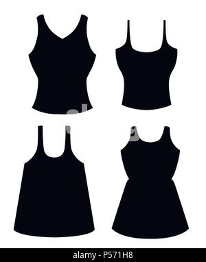 Silhouette noire. Ensemble de quatre femmes tank top. Femme vêtements d'été. Télévision vector illustration isolé sur fond blanc. Illustration de Vecteur