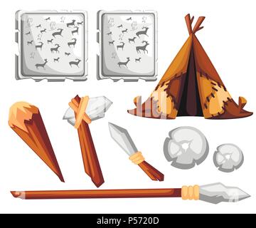 Homme ancien refuge. Maison préhistorique de peaux de cuir. Outils de l'âge de la pierre et de la roche de la peinture. Télévision style design. Vector illustration isolé sur blanc bac Illustration de Vecteur