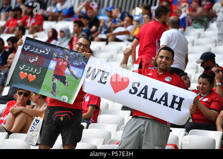 Volgograd, Russie. 25 Juin, 2018. Fans égyptien, Mohamed Salah (EGY) Football Fans, l'Arabie saoudite (KSA) Egypte (EGY) 2-1, premier tour, Groupe A, Match 34, le 25/06/2018 à Volgograd Volgograd, Arena. Coupe du Monde de Football 2018 en Russie à partir de la 14.06. - 15.07.2018. Utilisation dans le monde entier | Credit : dpa/Alamy Live News Banque D'Images