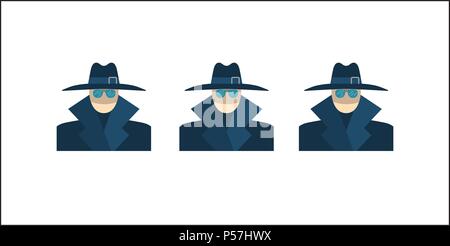 Concept anonyme, Spy, Caché, sécurité, Gangster, détective, Agent, chapeau, lunettes Télévision Vector Icône. Isolé sur fond blanc. Télévision Mode Styl Illustration de Vecteur