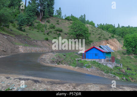 Une couleur bleue hut, dans une forêt ouverte salon avec une route empierrées en face Banque D'Images