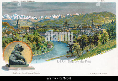 Vintage postcardof la ville suisse de Berne, montrant la vieille ville et de l'Aare. Banque D'Images