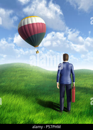 Businessman looking at un vol en montgolfière dans le ciel. Illustration numérique. Banque D'Images