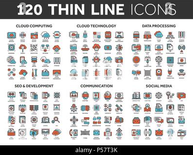 Le cloud computing et la technologie.Le stockage de données. Seo, développement. Réseau social,la communication. Connexion Internet. Message électronique. Fine ligne rouge et bleu icons set. Les accidents vasculaires cérébraux. Illustration de Vecteur