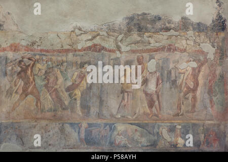 Héraclès luttant contre le roi Laomedon. Fresque romaine dans le Triclinium (salle à manger romaine) de la maison de Loreius Tiburtinus (Casa di Loreio Tiburtino) aussi connu comme la maison d'Octavius Quartio (Casa di Ottavio Quartione) dans le site archéologique de Pompéi (Pompei) près de Naples, Campanie, Italie. Banque D'Images