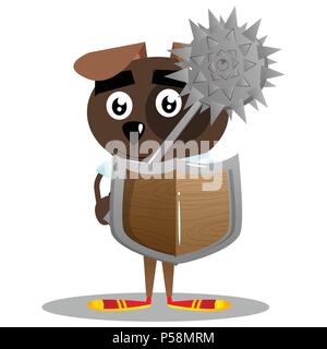 Illustré de dessins animés chien d'affaires détenant une spiked mace et le bouclier. Illustration de Vecteur