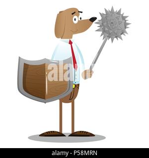 Illustré de dessins animés chien d'affaires détenant une spiked mace et le bouclier. Illustration de Vecteur