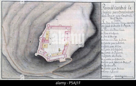 N/A. Español : Plano del Castillo de la Fuengirola para su Influencia de proyecto que se construye en octobre 1730. Escala [ca. 1:600]. 30 tuezas ( = 7,8 cm). Biblioteca Digital Hispánica. Leyenda Plano del Castillo de la Fongirola para su Influencia de Proyecto que se Construye. / Octobre 1730. / Índice. / Las líneas es lo que se puntuadas arruina y lo lavado de amarillo el proyecto. A. Puerta de la Primera entrada. B. Puerta de la segunda. C. Torre del Homenaje. D. Torreón de la Plaza de Armas. E. Cubertizo para la artillería. F. Iglesia, y casa del Cura. G. Cuarteles de Caballería. Banque D'Images