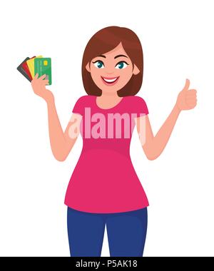 Jolie femme montrant multi bank carte de débit ou de cartes en main et gesturing Thumbs up sign. L'émotion humaine et le langage du corps concept illustration. Illustration de Vecteur