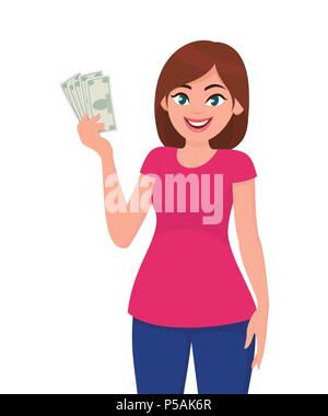 Young woman holding cash/service/d'argent dans la main. L'émotion humaine et le langage du corps concept illustration dans le vector cartoon style plat. Illustration de Vecteur