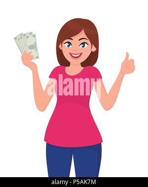 Young woman holding cash/service/d'argent dans la main et showing Thumbs up sign. Vector illustration dans un style de dessin animé. Illustration de Vecteur