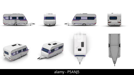 Caravane remorque voyage rend définie à partir de différents angles sur un blanc. 3D illustration Banque D'Images