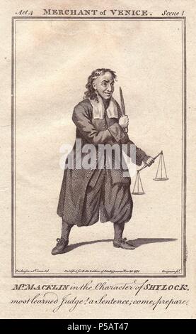 Charles Macklin que Shylock dans "Le Marchand de Venise.'. Charles Macklin (1690 - 1797) était un acteur et dramaturge de l'Irlande. Shylock était son plus célèbre rôle, et est représenté tenant une balance et un couteau, prêt à prendre une livre de chair. . . La gravure sur cuivre de 'Bell's Shakespeare' publié par John Bell, Londres, à partir de 1775. Dessiné par Parkinson. Banque D'Images