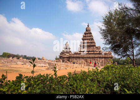 Vue extérieure de la rive Temple, construit en 700 - 728 AD, Mahabalipuram, Tamil Nadu Banque D'Images