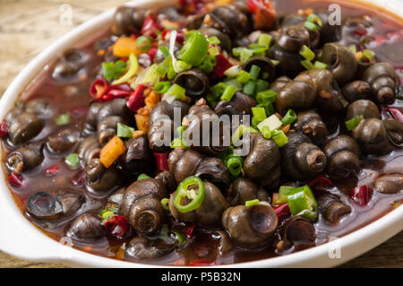 Escargot de champ avec sautées sauce chili, un plat populaire en Chine Banque D'Images