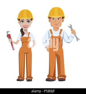 Builder l'homme et la femme en uniforme, personnages de dessins animés. Les travailleurs de la construction. Smiling repairman avec une clé et réglable avec femme wrenc Illustration de Vecteur