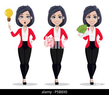 Femme d'affaires, manager, banquier, ensemble de trois poses. Beau costume de banquier. Personnage ayant une bonne idée, holding piggy bank et h Illustration de Vecteur