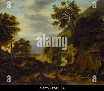Berglandschap rencontré waterval . Nederlands : Een berglandschap met een waterval tussen steile rotsen en hier en daar een boom. Over een een pad houten brug enkele van rezigers muilezel te paard de. . Entre 1650 et 1692. N/A 191 Berglandschap rencontré waterval Rijksmuseum SK-A-760 Banque D'Images