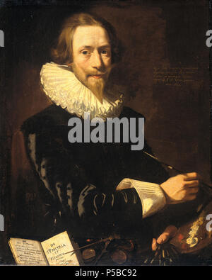 L'auto-portrait . Nederlands : Zelfportret van de schilder Abraham de Vries. Staande, dix halven penseel, lijve in de linkerhand, palet en penselen dans rechterhand de. Een een tafel Onderaan od opengeslagen boek over de schilderkunst, ligt een enkele andere voorwerpen en passant. . 1621. N/A 12 Zelfportret Rijksmuseum SK-A-2157 Banque D'Images