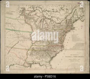 N/A. Deutsch : die Vereinigten Staaten von Nord-America sichersten, nach den neuesten Nachrichten und Bestimmungen, Charten, dans der Alber'schen entworfen Projection von C. G. Reichard. Gest. von C. Trummer. Homanns Erben, Nürnberg, 1809 ca. 1 : 4.300.000 français : "carte des États-Unis d'Amérique du Nord" - peut-être la première carte publiée avec projection Albers avec respect des surfaces. 58 × 70 × 27,5 cm (22,8 in) . 1809. Christian Gottlieb Reichard (cartographe) ; C. Trummer (graveur) 27 1809 Reichard Europa Nord-America Banque D'Images