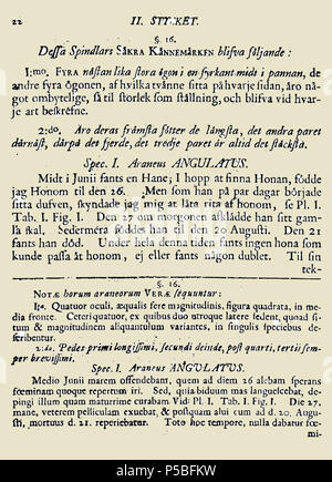 N/A. Anglais : Page 22 de Svenska Spindlar publié en 1757 par Carl Clerck, avec la description originale de Araneus angulatus Clerck, 1757. C'est la première description scientifiquement acceptées d'un animal, dans lequel un nom binominal a été mis à disposition. Numérisés en 2004 à partir d'une copie originale de l'édition 1757 organisé par la bibliothèque de l'Université de Göttingen et de l'État, signature  <8 ZOOL V, 8800 >. Chargé par Francisco Welter-Schultes, J'ai personnellement vérifié que l'original était identique à la version numérisée. 1757. Carl Alexander Clerck 353 Clerck1757 page22 Banque D'Images