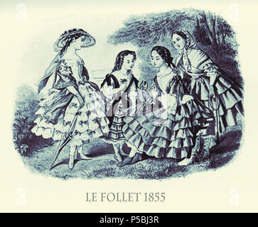 1855 Les filles et les adolescents fashion, le magazine français Le Follet présente les filles et les adolescents debout dans jardin agréable conversation avec des chiffons de fantaisie et parasol Banque D'Images